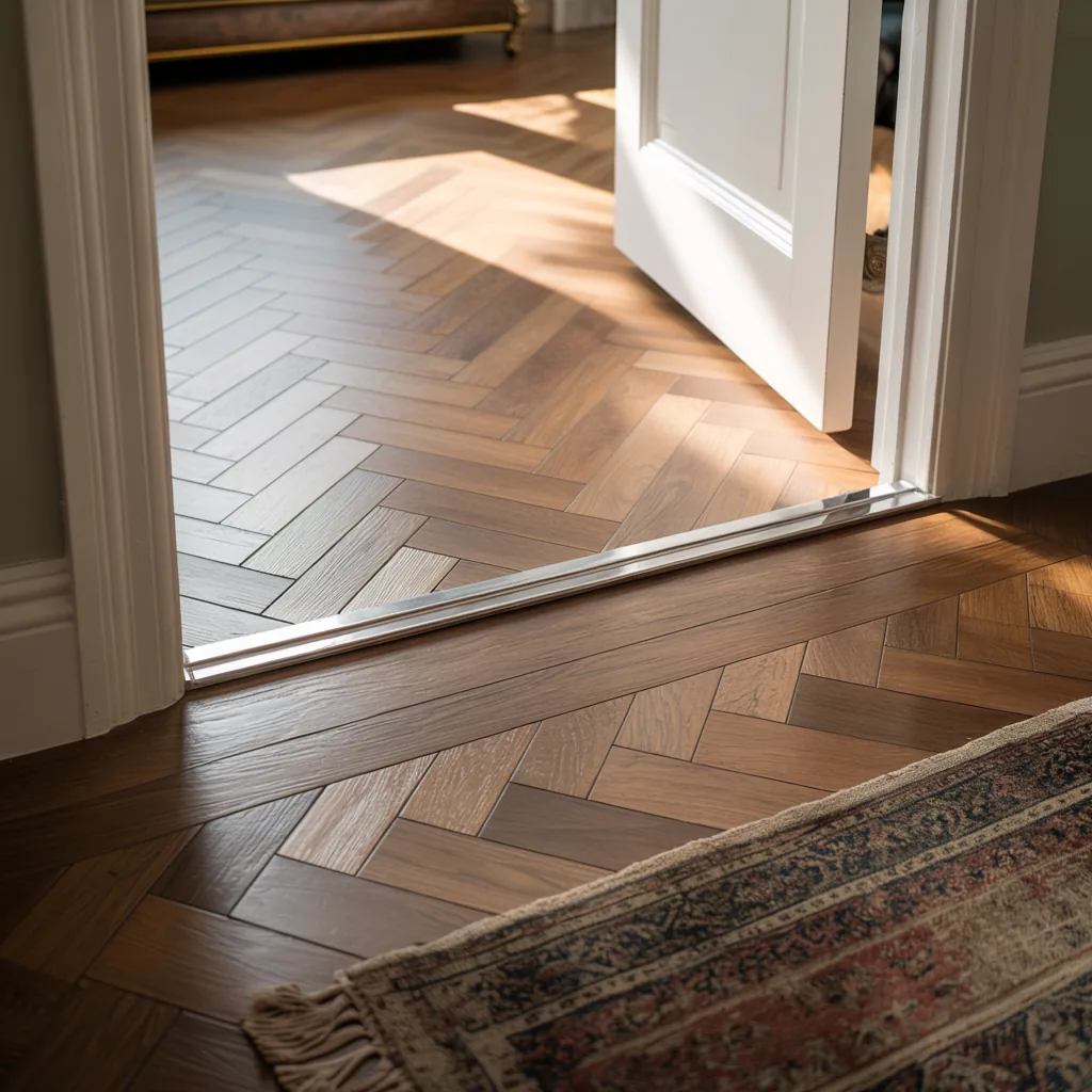 Herringbone parquet laid through a doorway in a Smethwick home